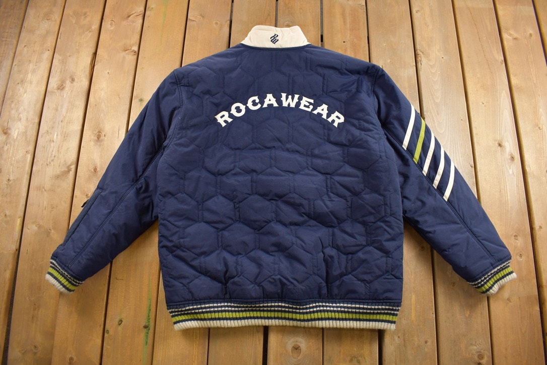 Vintage 1990s Roca Wear Bomber Jacket / Embroidered / Arc Logo / Patchwork / 90s Streetwear / Zip Up / Down Jacket