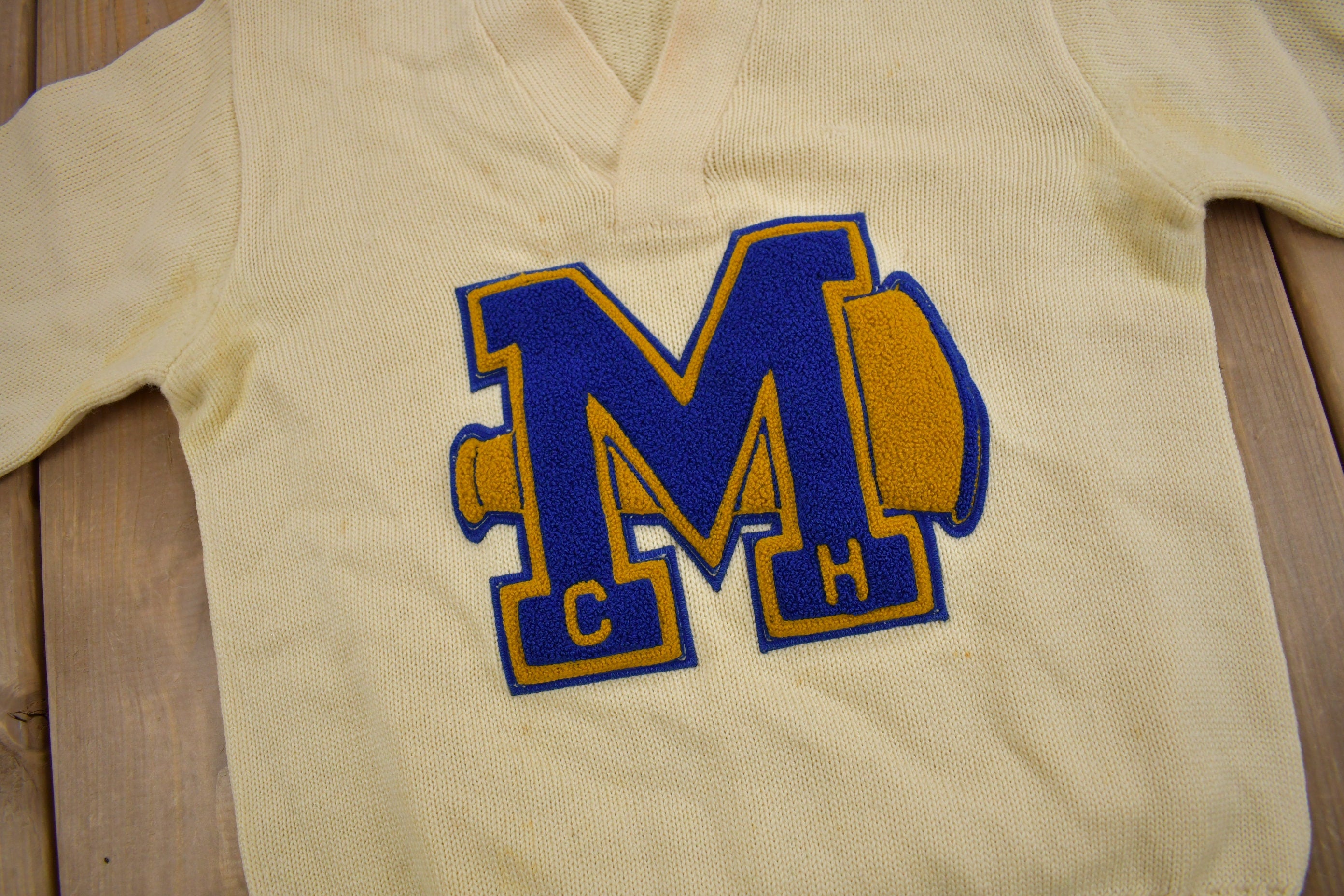 Vintage 1950s 100% Wool Collegiate Varsity Style Knit Sweater "MCH" True Vintage