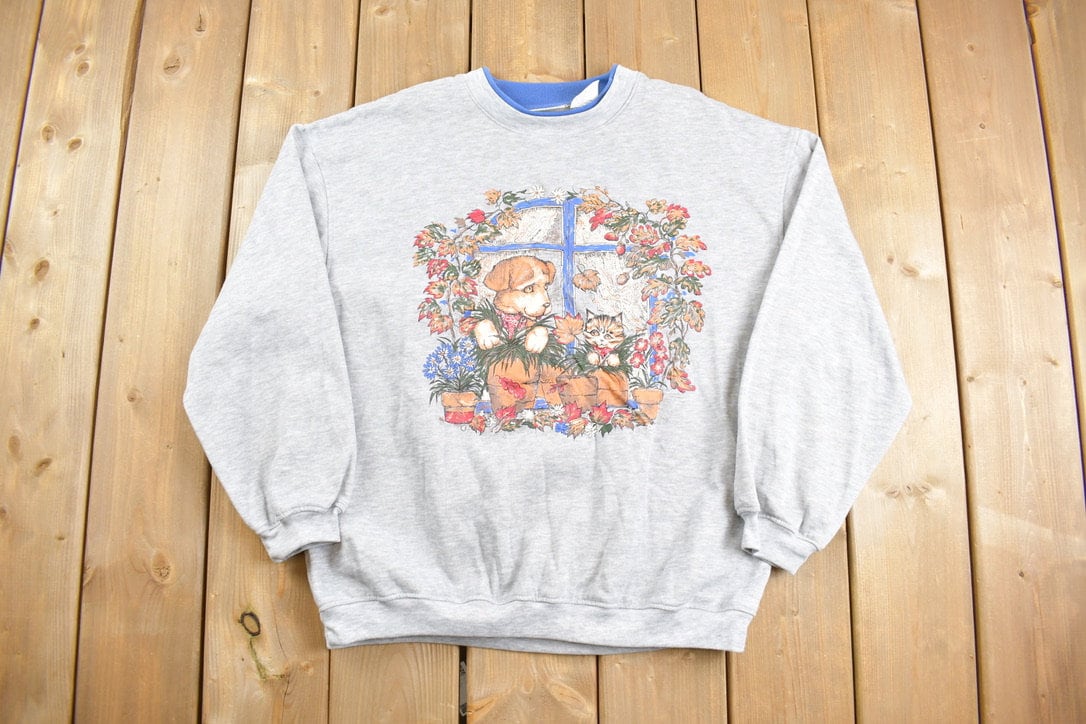 Vintage 1990s Cute Dog & Kitten Crewneck / 90s Crewneck / Animals / Vintage Sweatshirt / Pullover Sweatshirt / Cats and Dogs