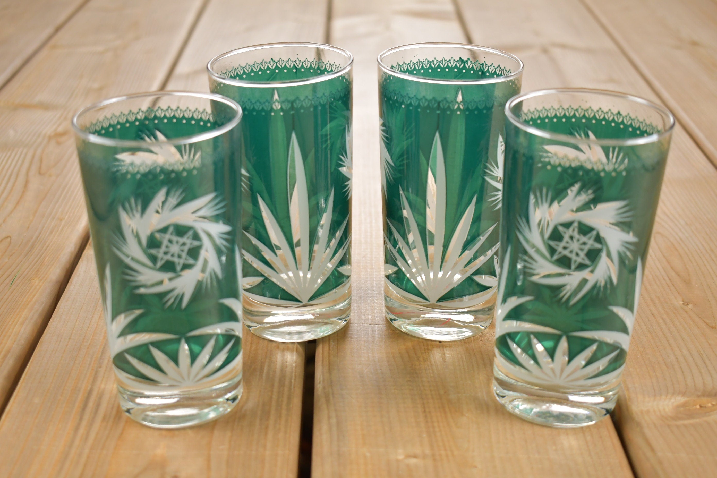 Vintage 1950s Dominion Glass Green Atomic Pinwheel Glass Set