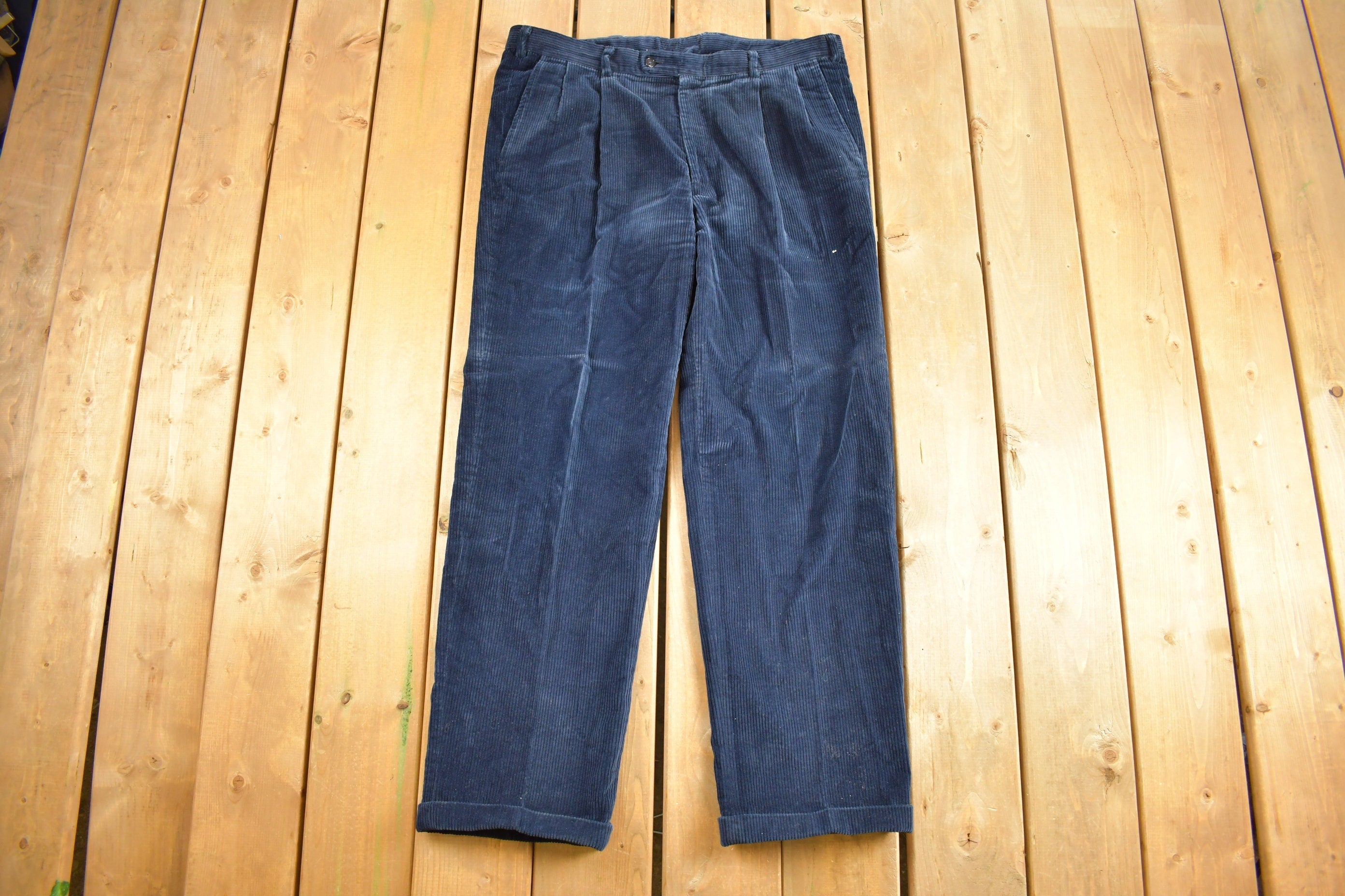 Vintage 1970s Keithsport By Keithmoor Navy Blue Corduroy Pleated Trousers Size 38 x 30