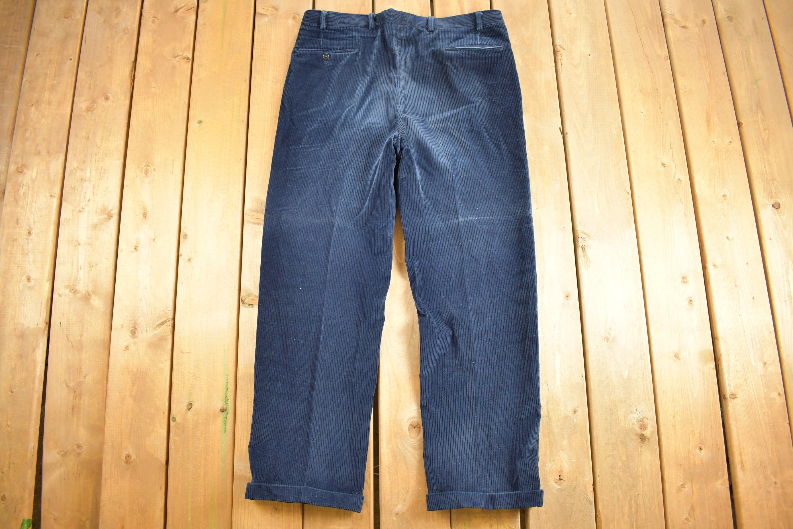 Vintage 1970s Keithsport By Keithmoor Navy Blue Corduroy Pleated Trousers Size 38 x 30
