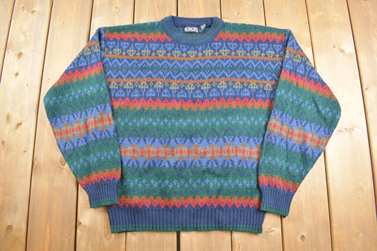 Vintage 1990s Honors Knitt Patterned Crewneck Sweater / Vintage 90s Crewneck / All Over Pattern / Colorful / Sweatshirt / Abstract Pattern