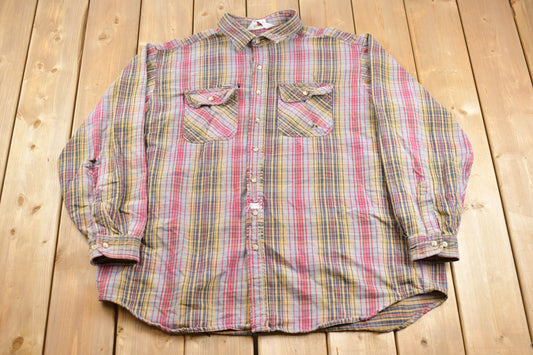 Vintage 1990s Carhartt Rugged Wear Button Up Shirt / Distressed / 1990s Button Up / Flannel / Casual Wear / Workwear / Plaid Button Up