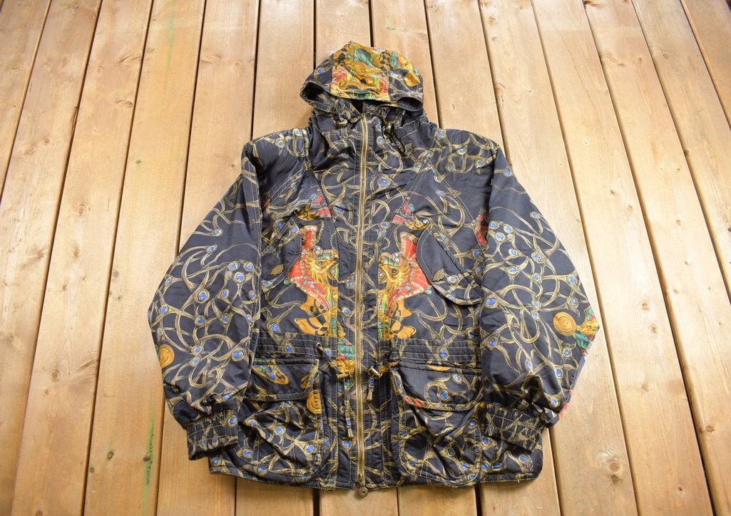 Vintage 1980s Emmegi All Over Graphic Jacket / Streetwear / All Over Print / Equestrian / Royal / Gems