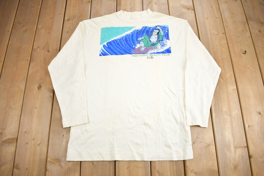 Vintage 1980s Takaoka Beach Club Surfing Graphic Souvenir T Shirt / Vintage Japan / Made In USA / Vacation Tee / Travel T Shirt / Mockneck