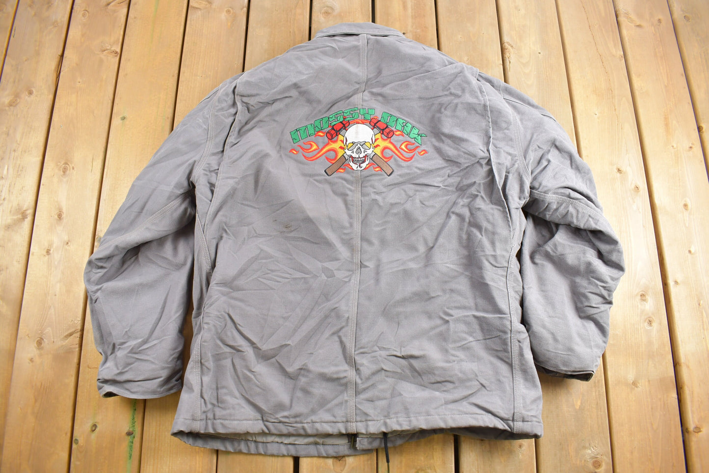 Vintage 1990s Grey Fire Resistant Carhartt Traditional Jacket / 90s Workwear / Mossy Oak / 90s Carhartt / Grey Carhartt / Skull Embroidered