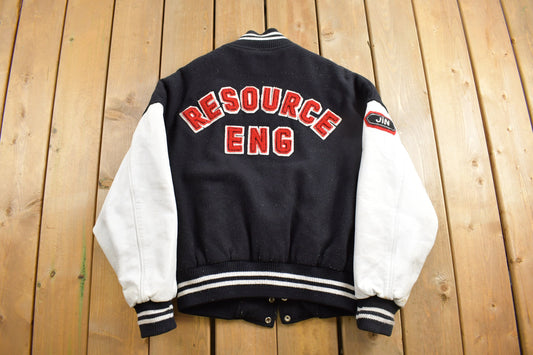 Vintage 1990s Resource Eng Leather Varsity Jacket / Letterman / Patchwork / Streetwear / Made In Canada / Engineering Jacket / Chenille