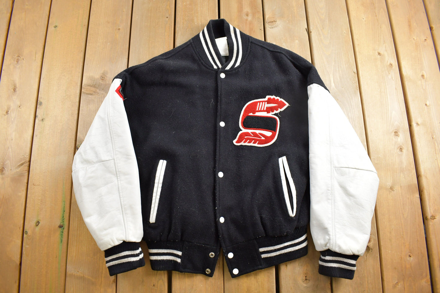 Vintage 1990s Resource Eng Leather Varsity Jacket / Letterman / Patchwork / Streetwear / Made In Canada / Engineering Jacket / Chenille