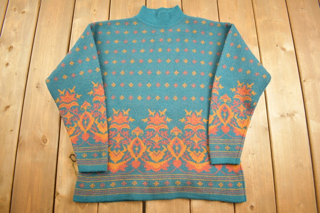 Vintage 1980s 100% Wool Patterned Mock Neck Sweater / Vintage 80s Cable Knit / All Over Pattern / Colourful Sweatshirt / Abstract Pattern