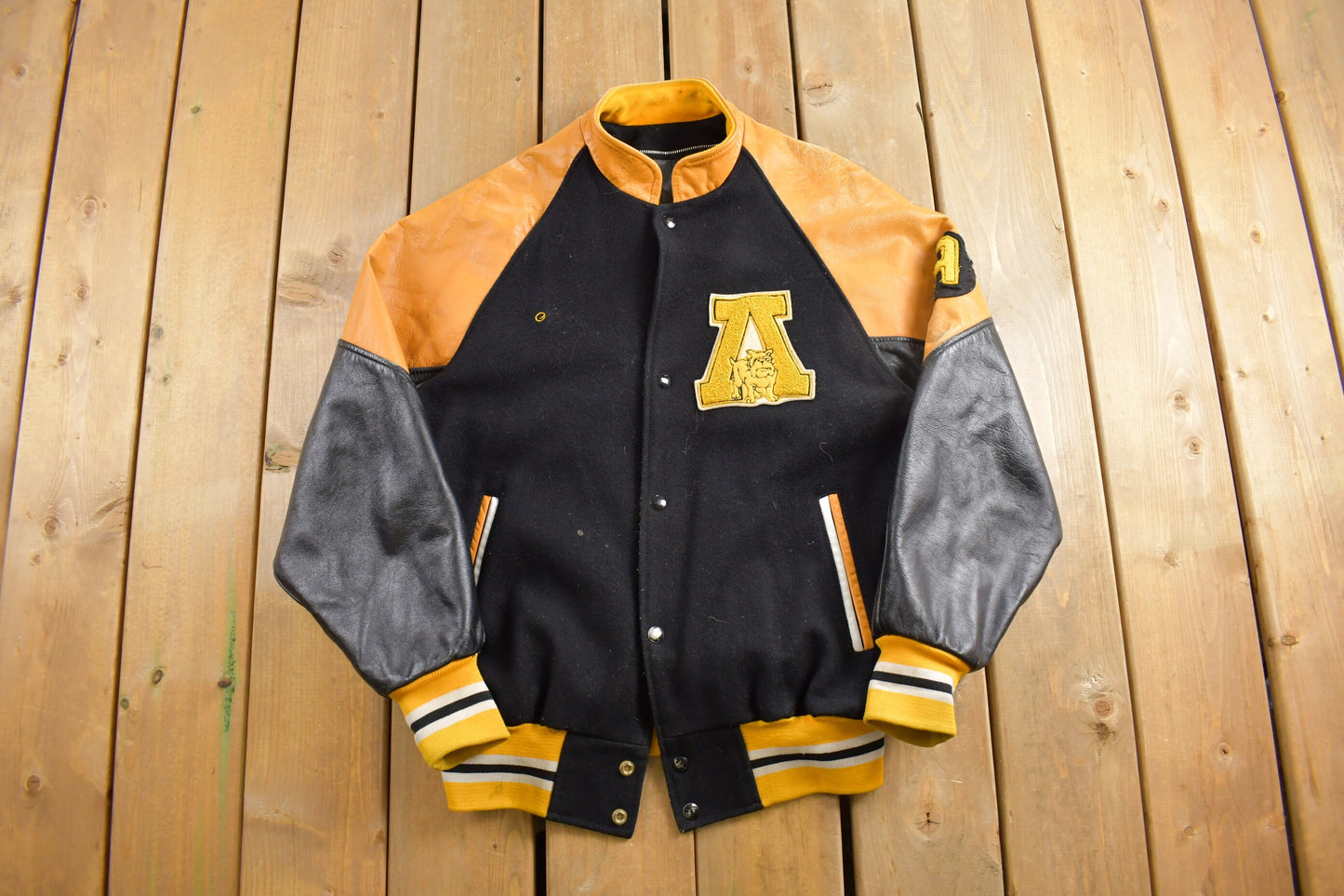 Vintage 1990s Amherst Wrestling Leather Varsity Jacket / Letterman / Patchwork / Streetwear / Made In Canada / Avon Sportswear / Chenille