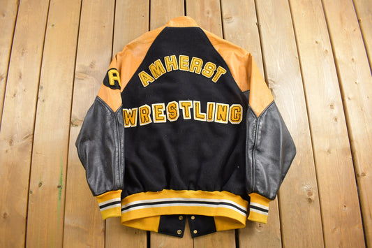 Vintage 1990s Amherst Wrestling Leather Varsity Jacket / Letterman / Patchwork / Streetwear / Made In Canada / Avon Sportswear / Chenille
