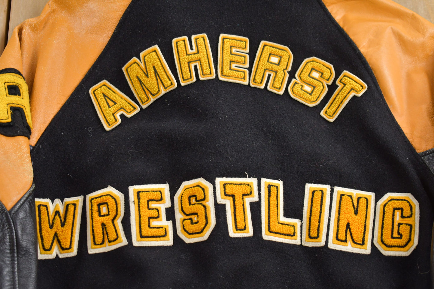 Vintage 1990s Amherst Wrestling Leather Varsity Jacket / Letterman / Patchwork / Streetwear / Made In Canada / Avon Sportswear / Chenille