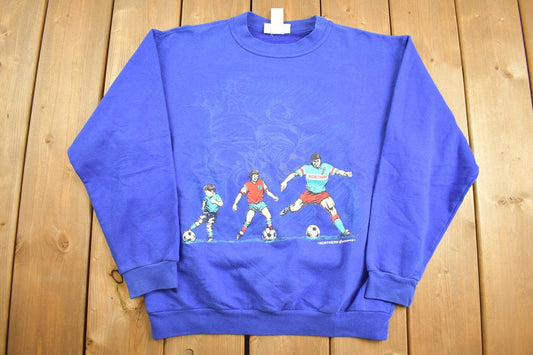 Vintage 1990s Soccer Theme Graphic Northern Getaway Crewneck Sweatshirt / 90s Crewneck / Made In Canada / Streetwear / Embroidered