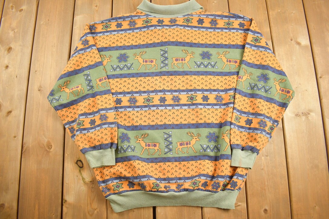 Vintage 1990s HG2 Quarter Button Collared Abstract Animal Pattern Sweatshirt / 90s Crewneck / Abstract Pattern / Button Up Sweater