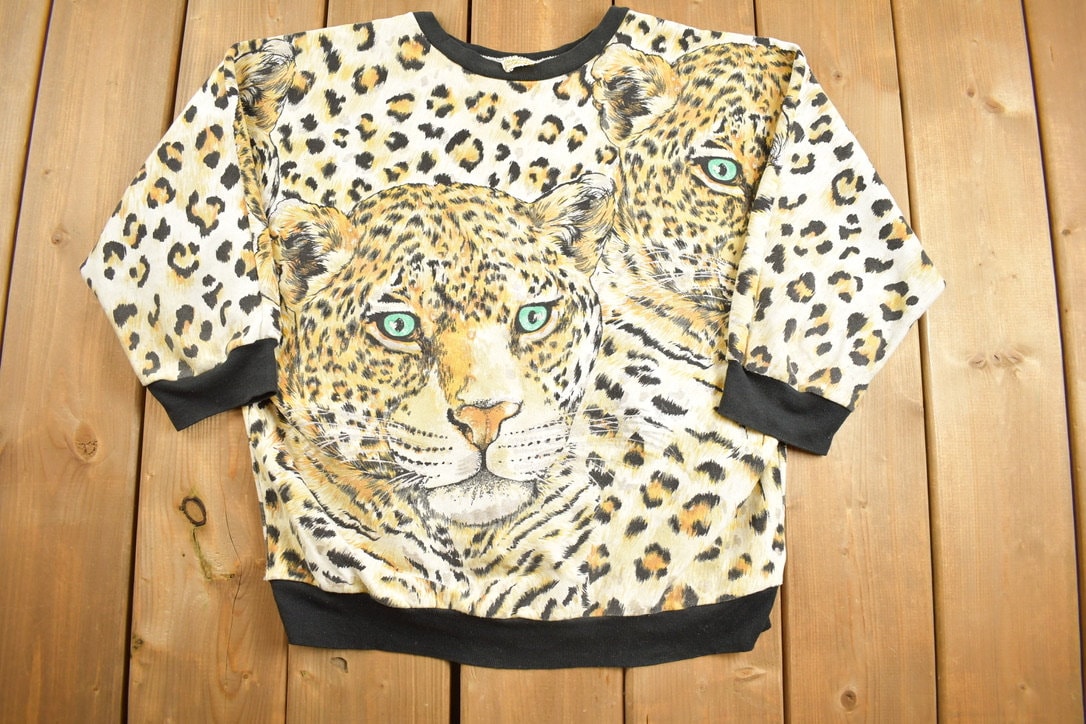 Vintage 1990s New York Knit Works Leopard Theme Leopard Print Bat Wing Cropped Sleeve Crewneck Sweatshirt / 90s Crewneck / Made In USA /