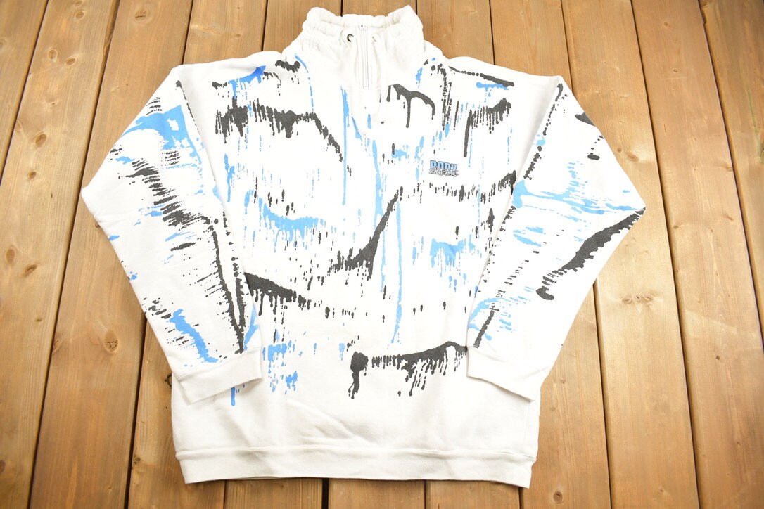 Vintage 1990s Body Sweats Paint Splatter Design Quarter Zip Collared Sweatshirt / 90s Crewneck / Souvenir Travel Sweater / Streetwear /