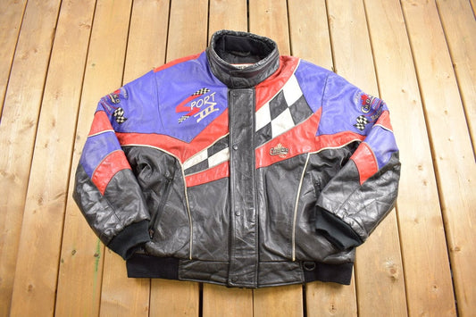 Vintage 1990s Choko Leather Racing Jacket / Sport III / Racing Gear / Embroidered / Lined / Color Block / Colorful Leather