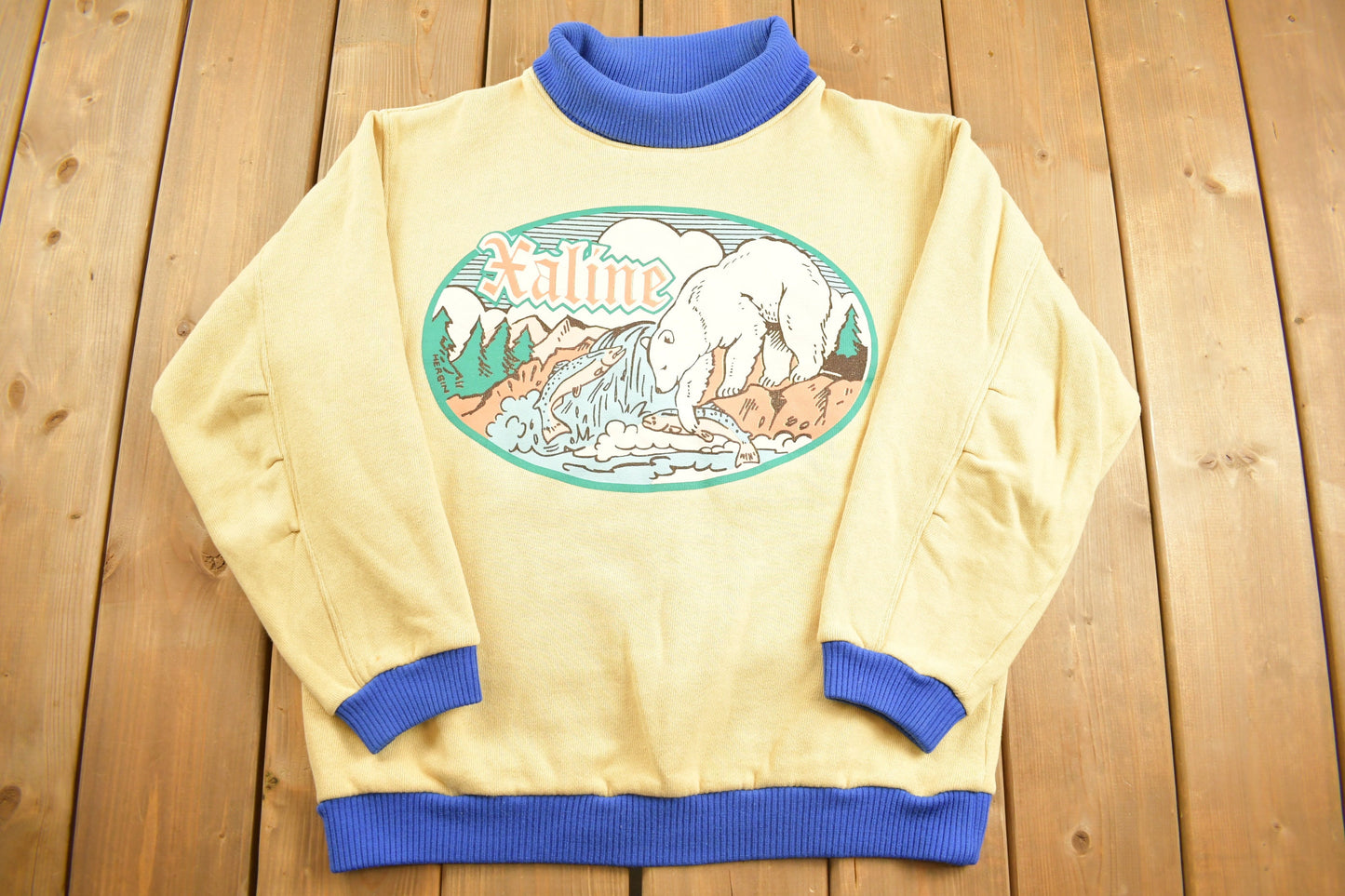 Vintage 1980s Xaline Polar Bear Fish Theme Turtleneck / Souvenir / Vintage Sweatshirt / Outdoorsman / Wilderness Sweatshirt / Made In USA /