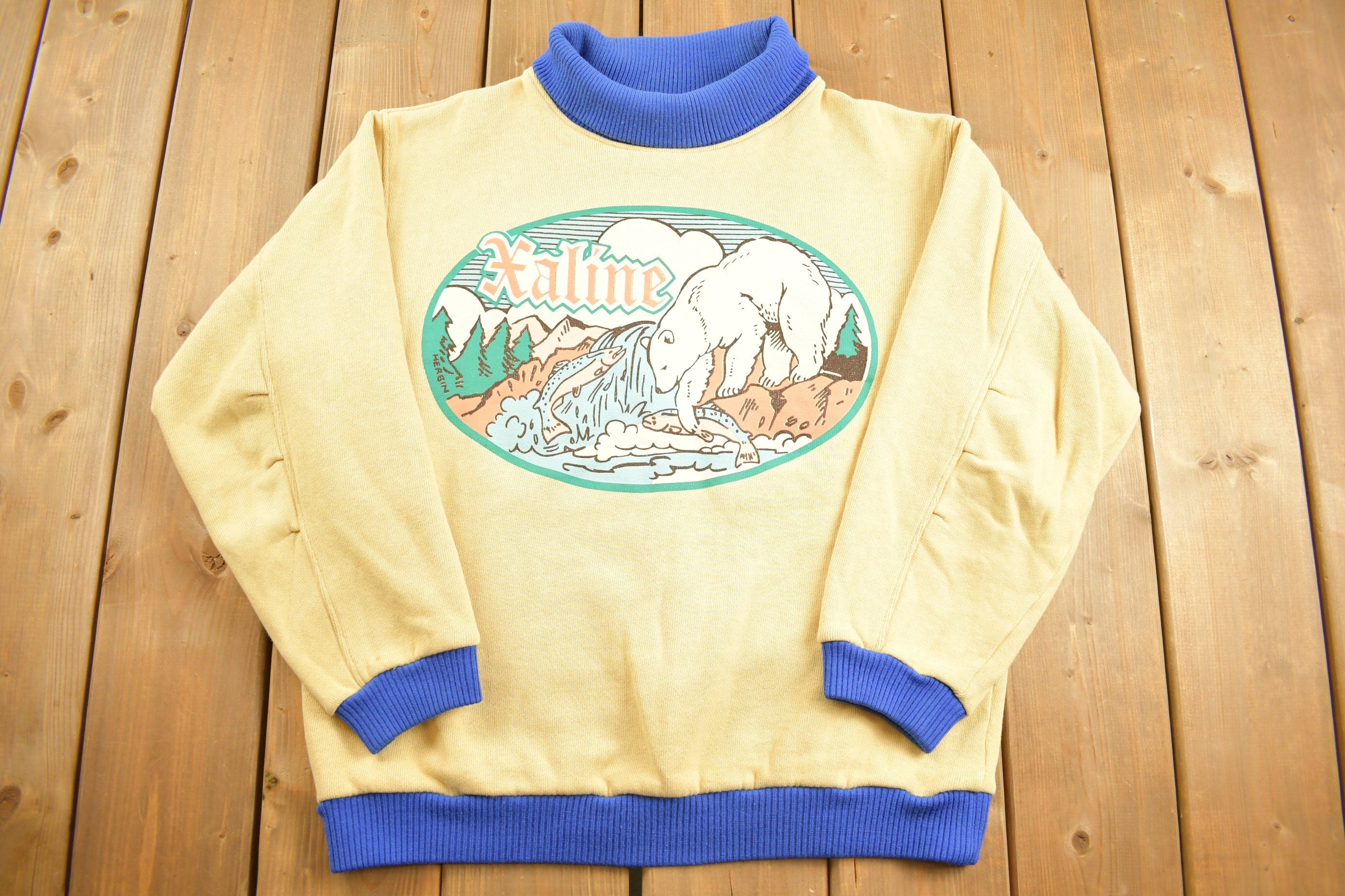 Vintage 1980s Xaline Polar Bear Fish Theme Turtleneck Sweatshirt