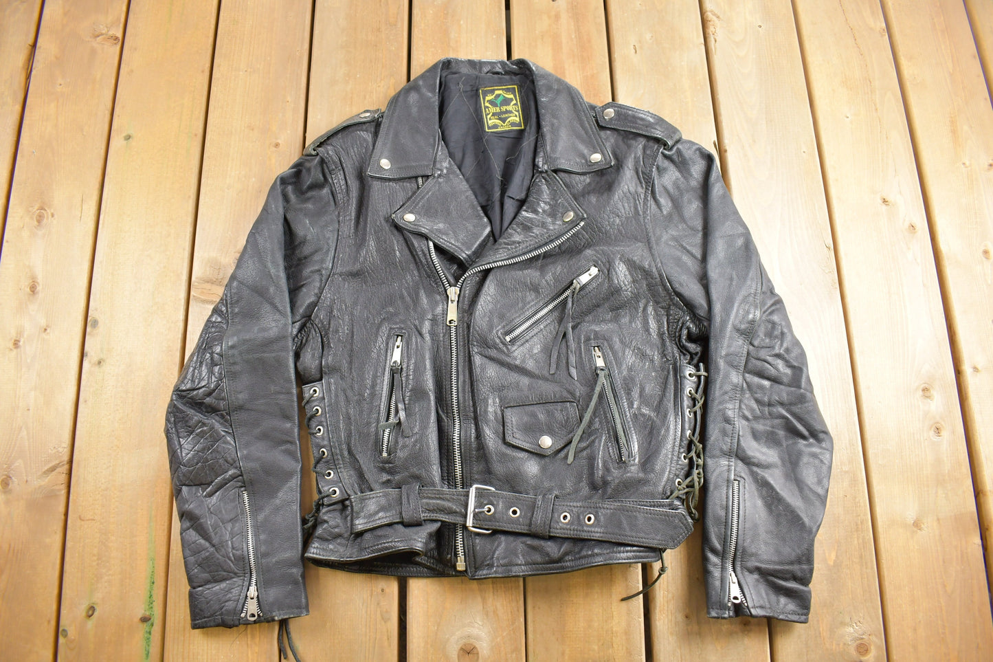 Vintage 1980s Amer Sports Leather Biker Jacket / Motorcycle Jacket / Leather Coat / Vintage Biker Jacket / Heavy Weight