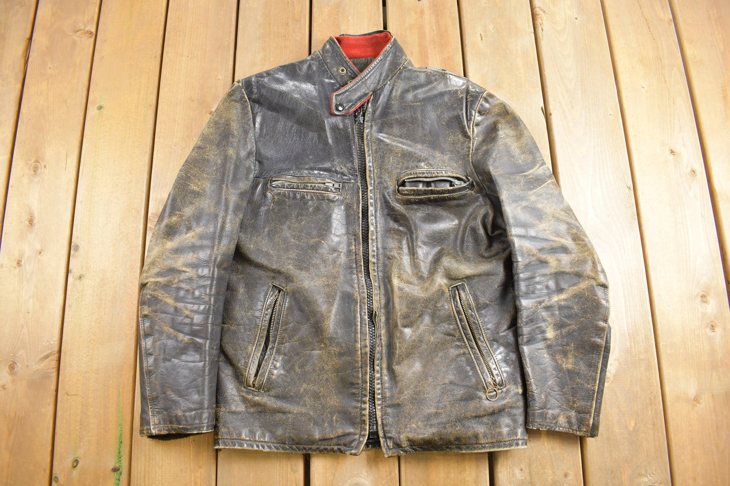 Vintage 1980s Café Racer Jacket / 80s Leather Motorcycle Jacket / Leather Coat / Winter Outerwear / Streetwear Fashion / Faded Jacket