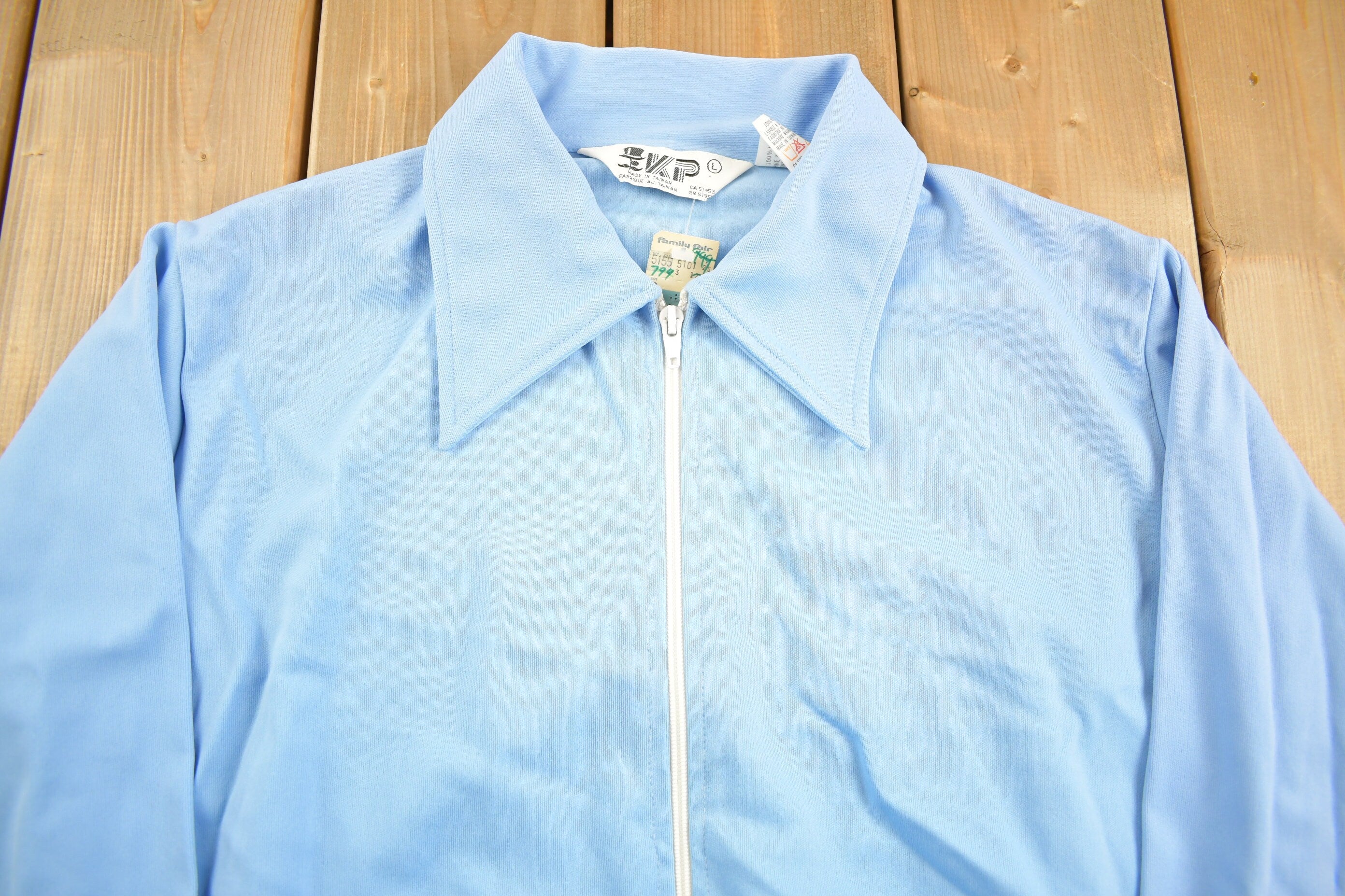Vintage 1970s KP Spear Collar Zip Up Shirt Light Jacket Striped Cuffs