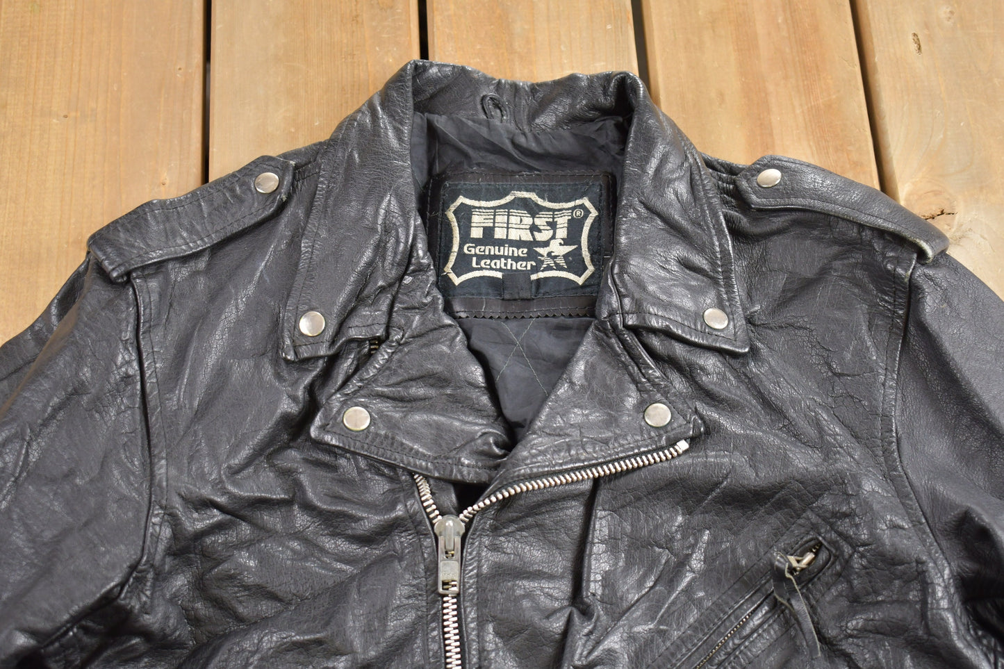 Vintage 1990s First Genuine Leather Biker Jacket / Motorcycle Jacket / Leather Coat / Vintage Biker Jacket / Heavy Weight