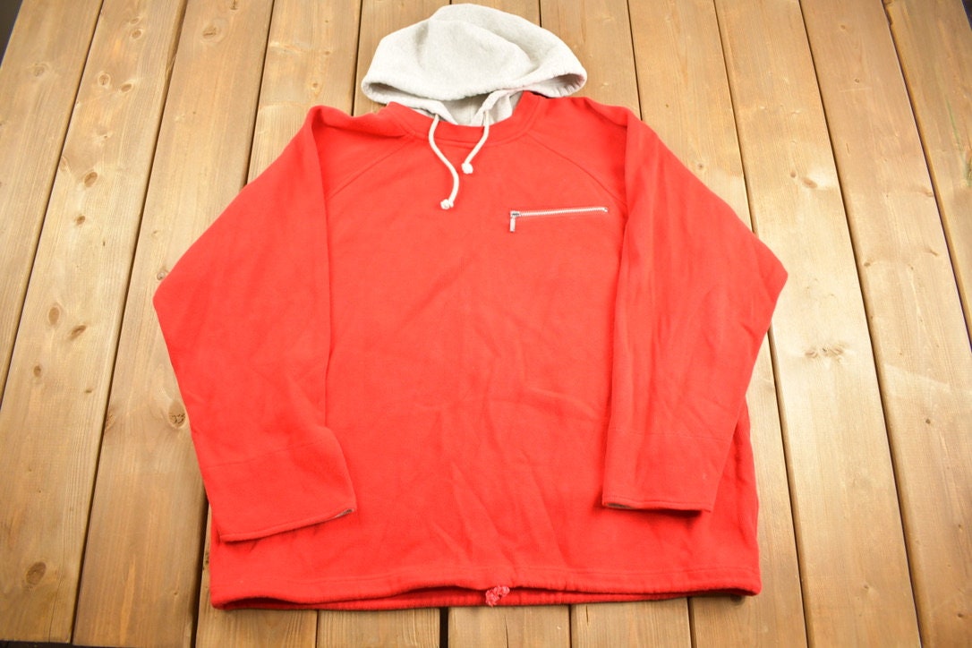 Vintage 1970s Inset Hood Zip Breast Pocket Red Blank Hoodie Sweatshirt Crewneck