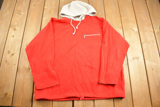 Vintage 1970s Inset Hood Zip Breast Pocket Red Blank Hoodie Sweatshirt Crewneck / 90s Hoodie / Vintage Sweater / Color Block / Draw String