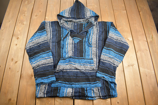 Vintage 1990s Blue Rasta Blanket Knit Hoodie / 90s Hoodie / Vintage Sweater / 90s / Drug Rug / Color Block / Baja / Size Extra Large