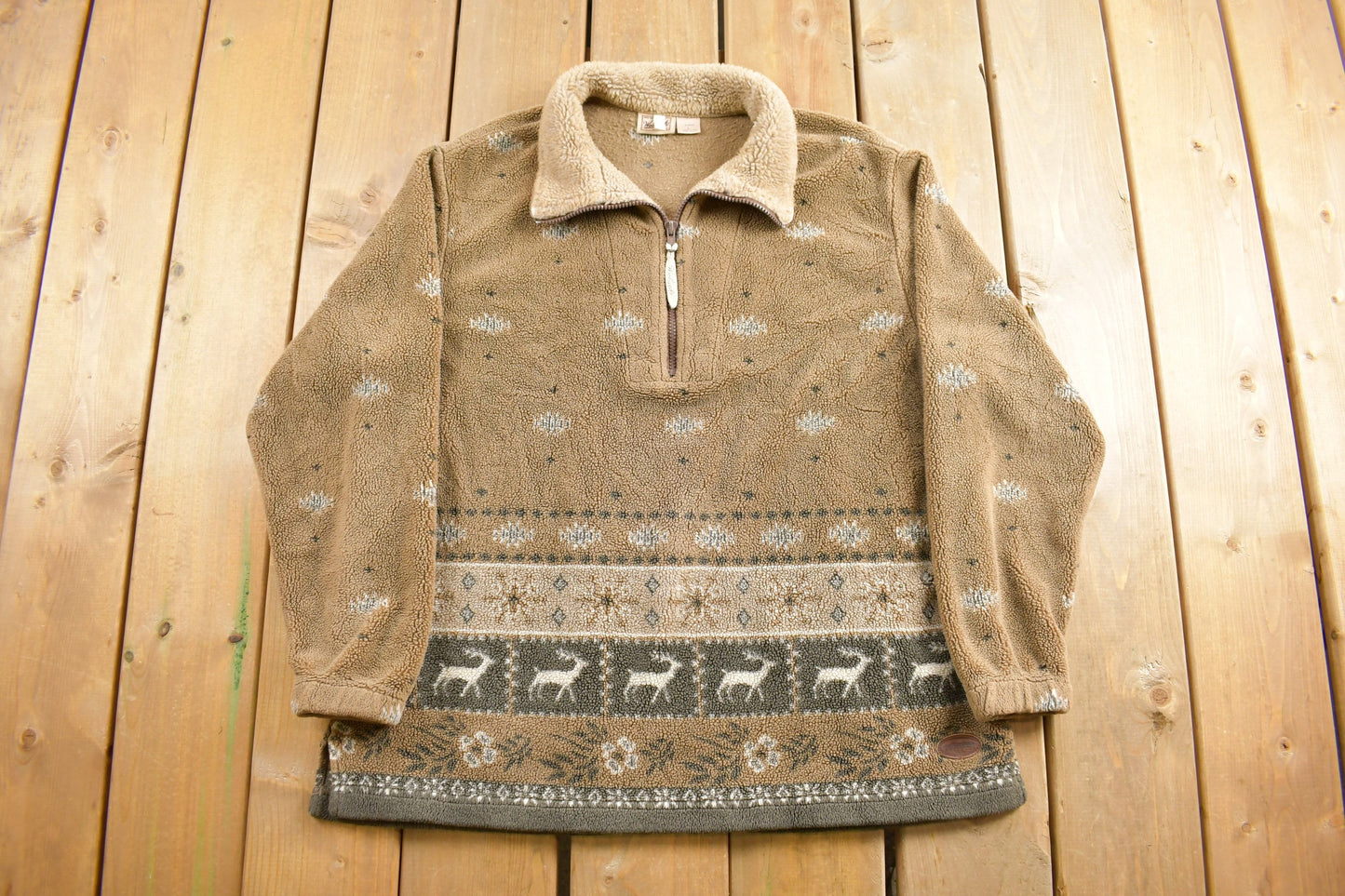 Vintage 1990s Woolrich Deer Graphic Quarter Zip Fleece Sweater / Sportswear / 90s Fleece/ Streetwear / Made in USA / 90s Woolrich