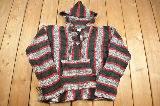 Vintage 1990s Vel-Mex Red Rasta Blanket Knit Hoodie / 90s Hoodie / Vintage Sweater / 90s / Drug Rug / Color Block / Baja / Size Small