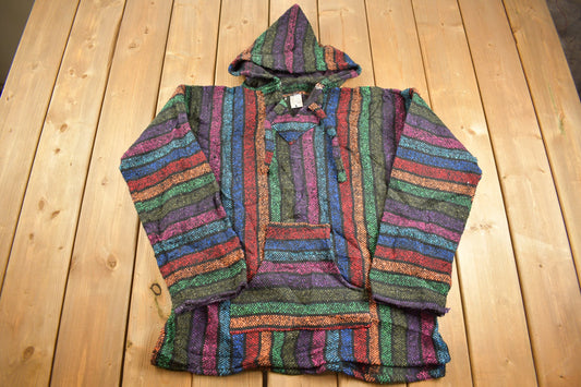 Vintage 1990s Bordados Rainbow Rasta Blanket Knit Hoodie / 90s Hoodie / Vintage Sweater / 90s / Drug Rug / Color Block / Baja / Size Large