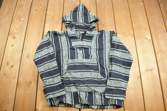 Vintage 1990s Blue Rasta Blanket Knit Hoodie / 90s Hoodie / Vintage Sweater / 90s / Drug Rug / Color Block / Baja / Size Small-Medium