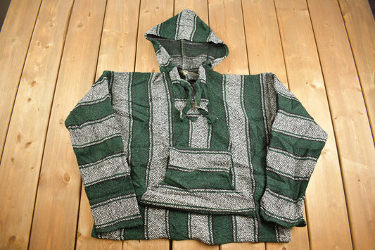 Vintage 1990s Green Rasta Blanket Knit Hoodie / 90s Hoodie / Vintage Sweater / 90s / Drug Rug / Color Block / Baja / Size Large /