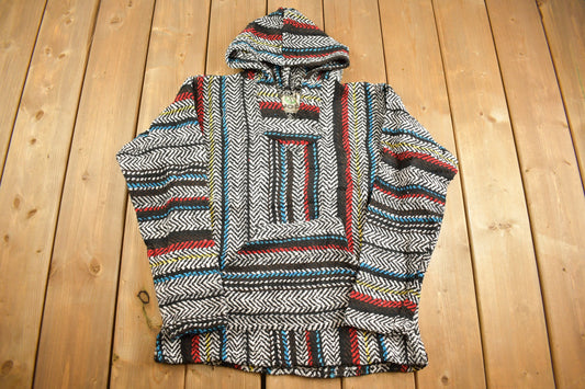 Vintage 1990s Baja Joe Rainbow Rasta Blanket Knit Hoodie / 90s Hoodie / Vintage Sweater / 90s / Drug Rug / Color Block / Baja / Size Small /