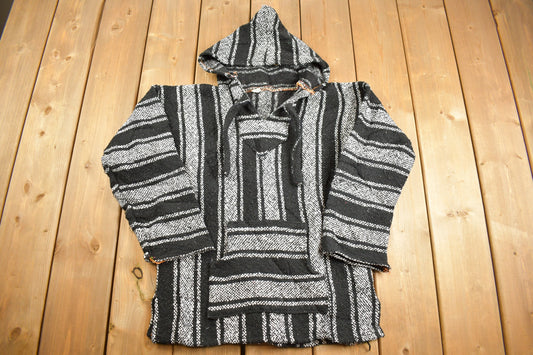 Vintage 1990s Artesanias Grey Rasta Blanket Knit Hoodie / 90s Hoodie / Vintage Sweater / 90s / Drug Rug / Color Block / Baja / Size Medium