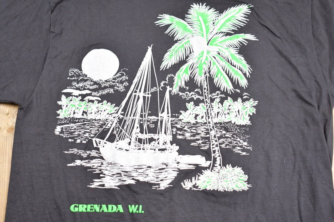 Vintage 1990s Grenada Tropical Souvenir T Shirt / Streetwear / Vacation Tee / Travel T Shirt / Tropical Theme / Boat Theme / Single Stitch