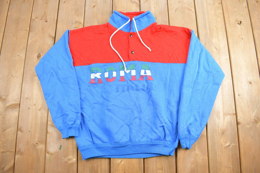 Vintage 1990s Roma Mock Neck Button Up Sweatshirt / 90s Sweater / Color Block / Cute / Red / Blue