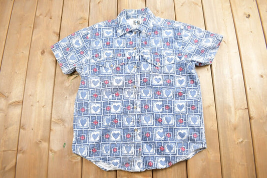 Vintage 1990s HG NY Cute Short Sleeve Button Up Shirt / Hearts / Basic Button Up / Cute / Cottage Core