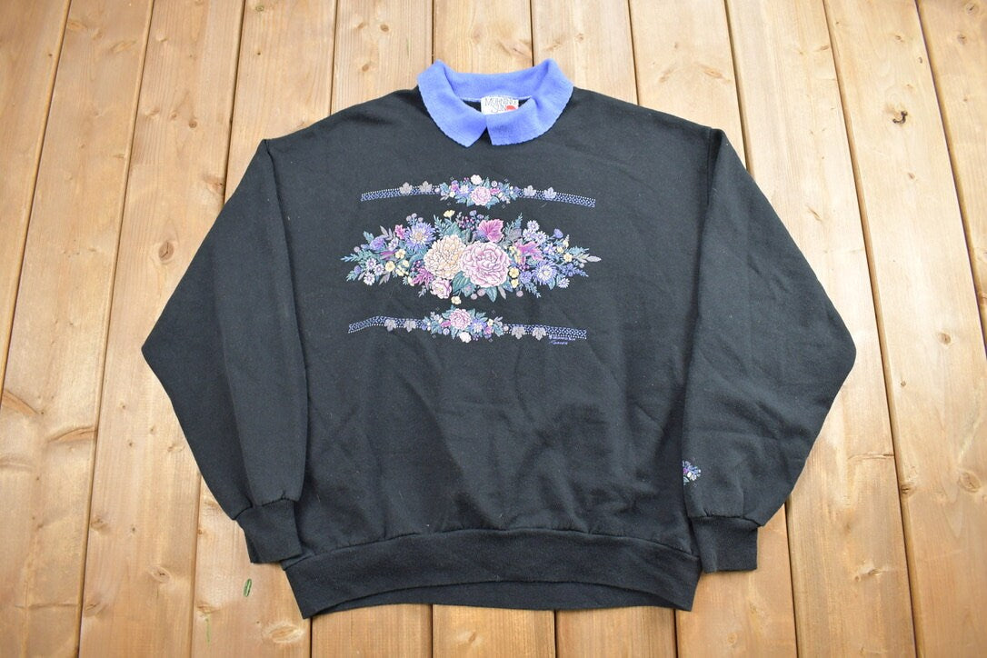 Vintage 1990s Morning Sun Flowers Collared Crewneck Sweater / 90s Crewneck / Pastel Grandma Sweater / Streetwear / Made In USA / Morning Sun