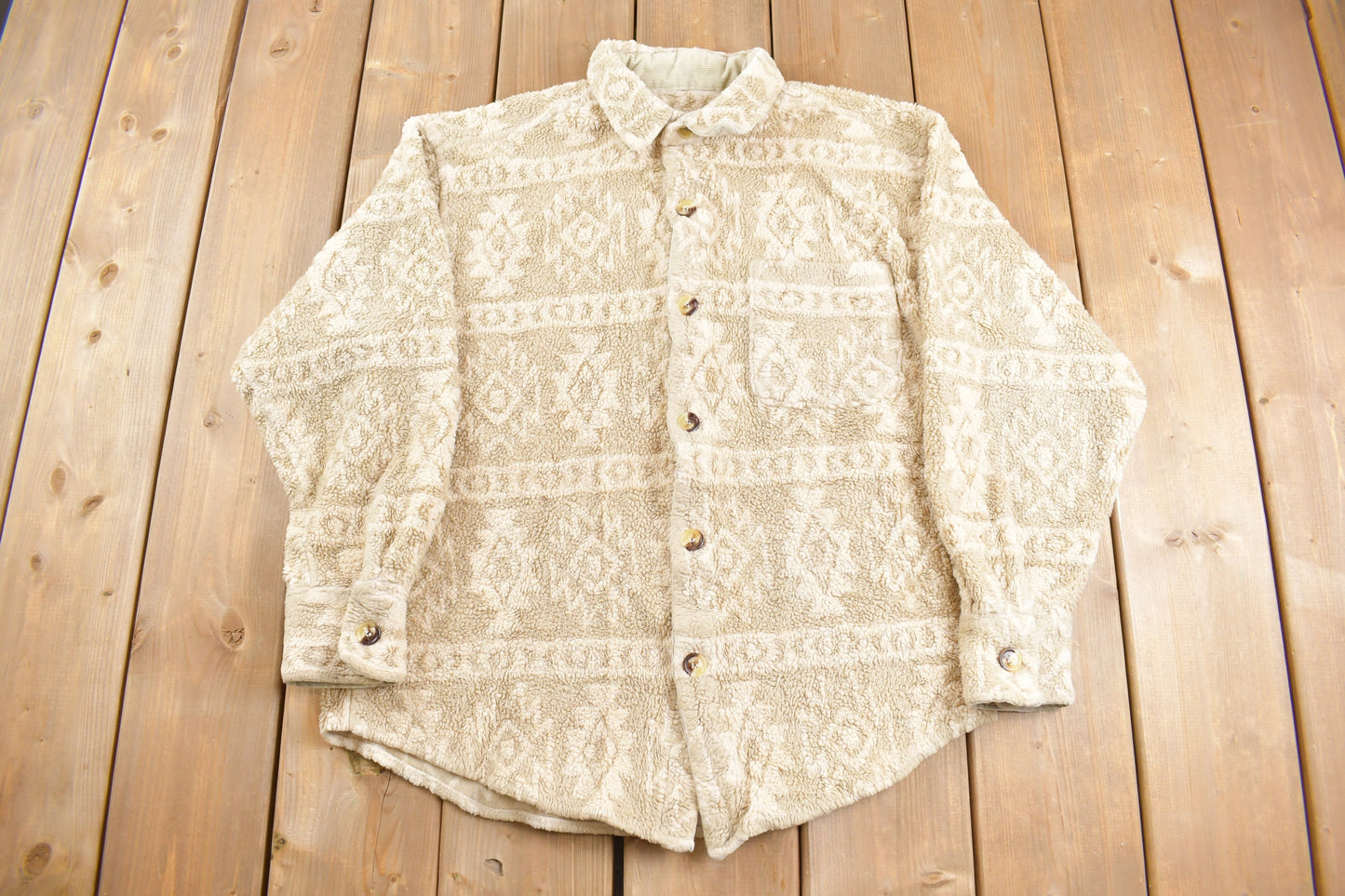 Vintage 1990s True Grit Aztec Fleece Sweater / Women's Sweater / Fleece Button Up / 90s Fleece / Beige Fleece