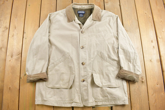 Vintage 1990s Lands End Field Coat  / Vintage Workwear / Outdoorsman / Hunting Jacket / Chore Coat / Beige Jacket / Corduroy Collar