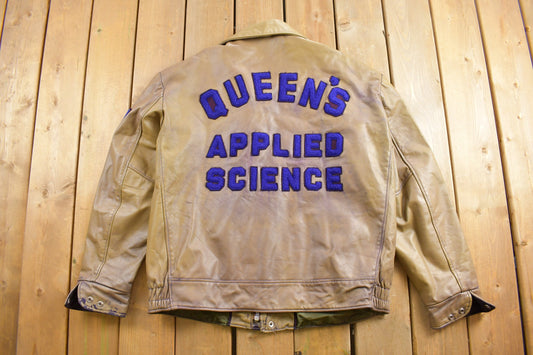 Vintage 1970s Queens Science Leather Jacket / Micheal Grad / Fall Outerwear / Leather Coat / Winter Outerwear / True Vintage / Patches