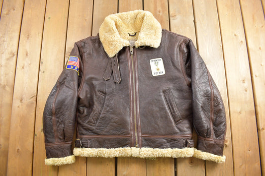 Vintage 1980s B-3 Type Flight Jacket / US Army Air Force / Shearling / Patchwork / Streetwear / Calafate / Vietnam Patch / USA Patch