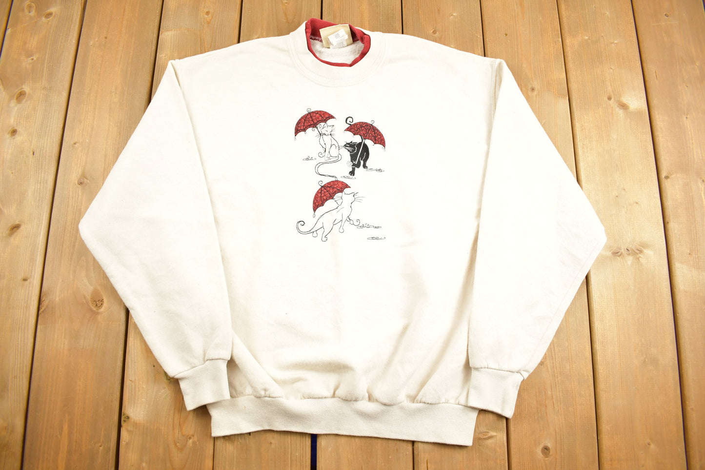 Vintage 1990s Cute Cats With Umbrellas Crewneck Sweater / 90s / Grandma Sweater / Streetwear / Top Stitch / Morning Sun / Made In USA /