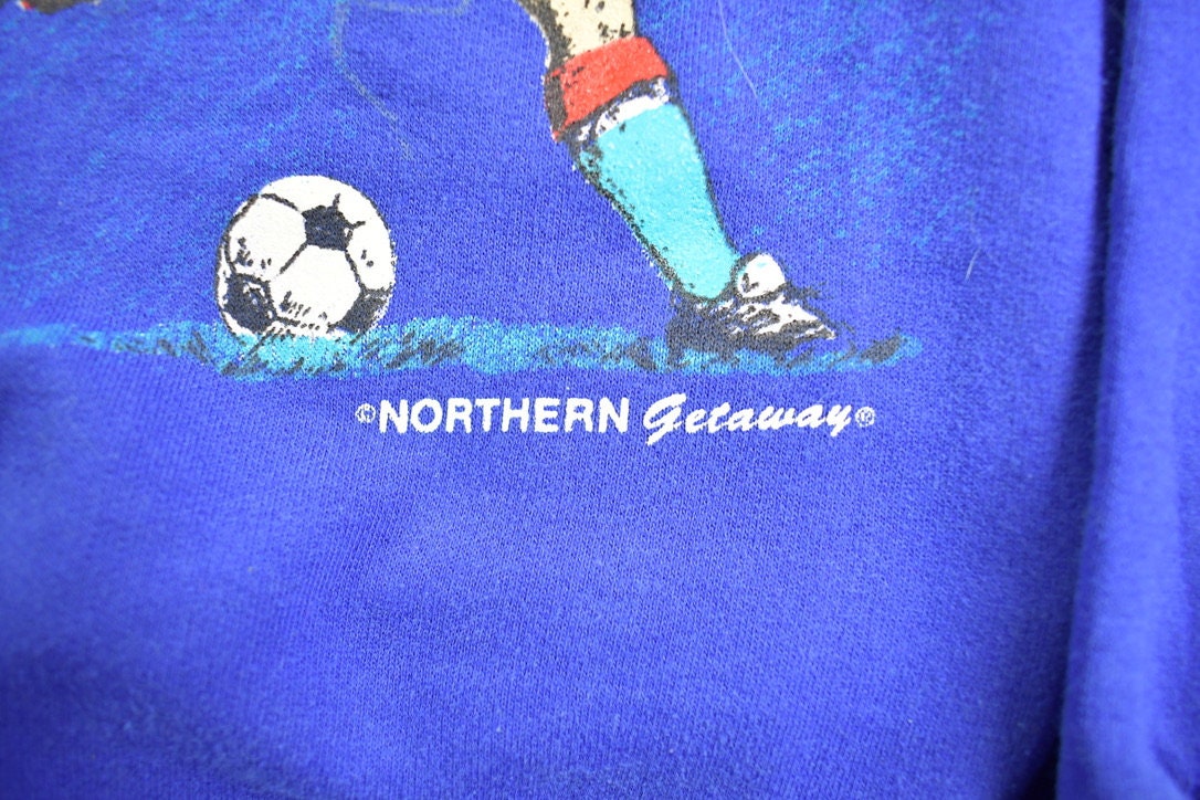 Vintage 1990s Soccer Theme Graphic Northern Getaway Crewneck Sweatshirt / 90s Crewneck / Made In Canada / Streetwear / Embroidered