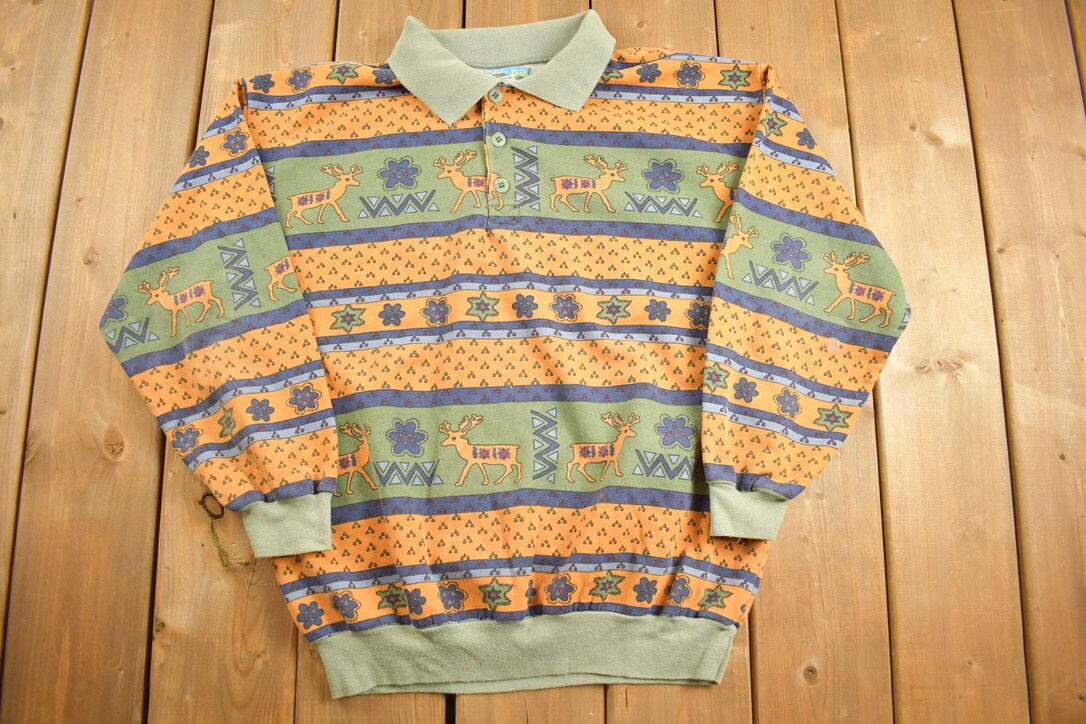 Vintage 1990s HG2 Quarter Button Collared Abstract Animal Pattern Sweatshirt / 90s Crewneck / Abstract Pattern / Button Up Sweater