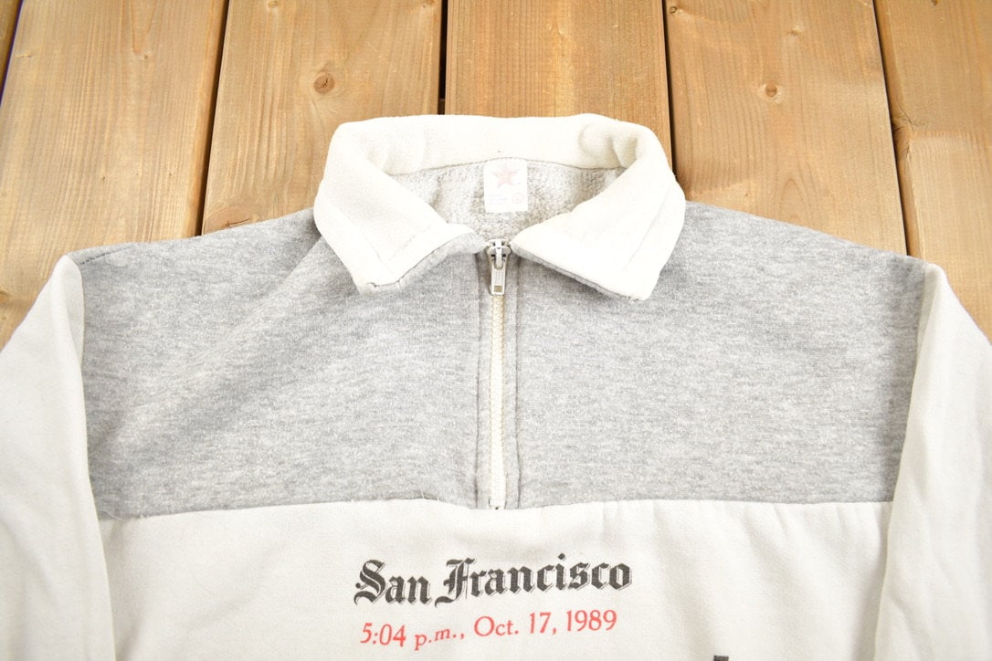 Vintage 1989 San Francisco 'I Survived The Earthquake' Quarter Zip Collared Sweatshirt / 90s Crewneck / Souvenir Travel Sweater / Streetwear